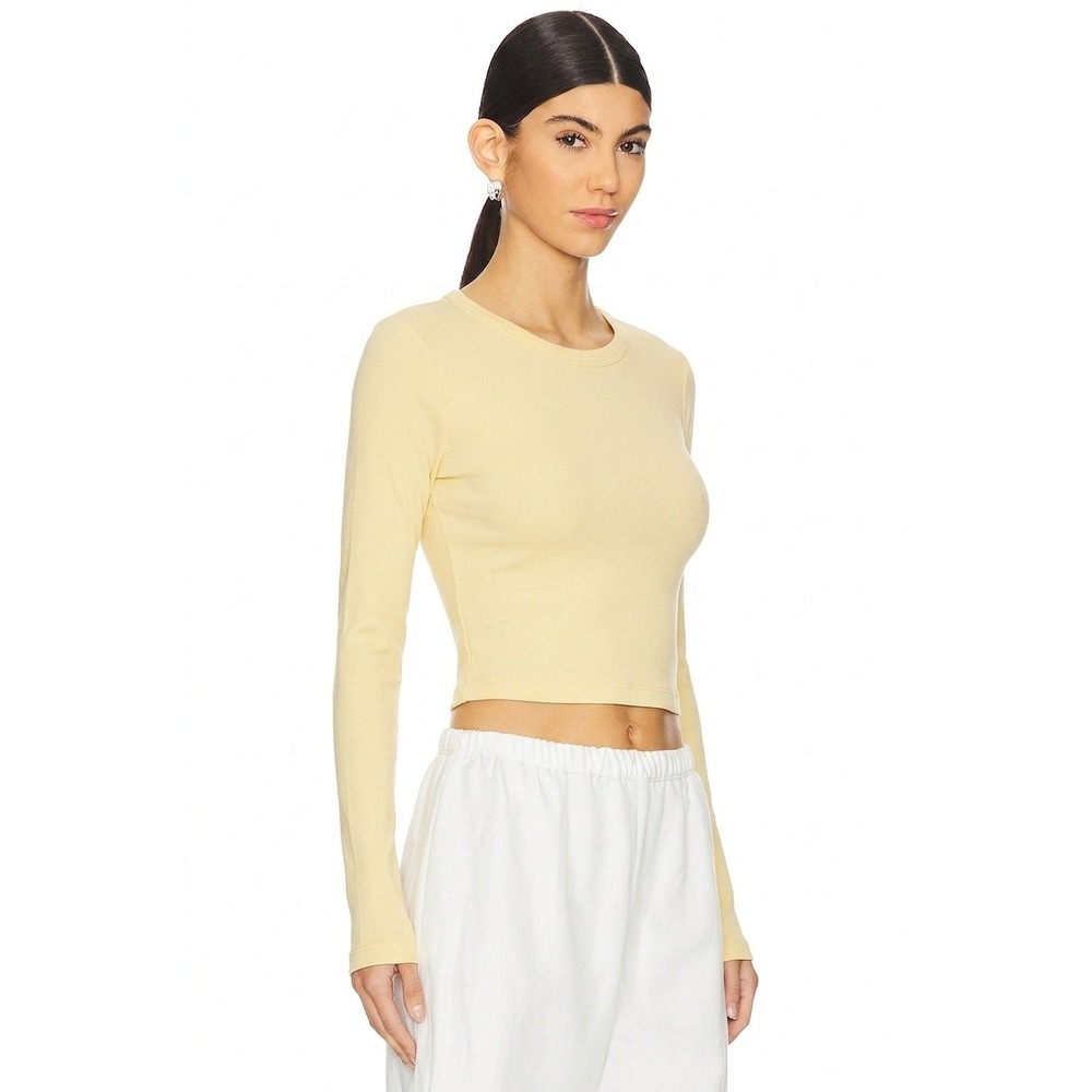 ENZA COSTA Supima Baby Rib Cropped Top Women Small Yellow Long Sleeve Crew Tee
